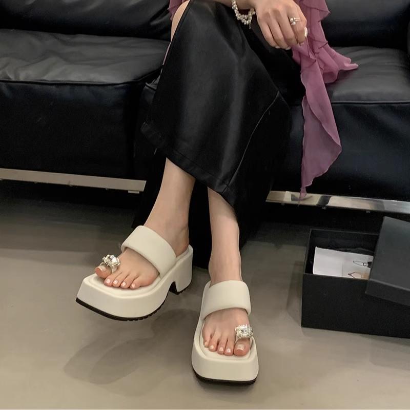 New summer one-word toe sandals thick-soled heightening sandals simple and versatile casual wedge heel muffin shoes