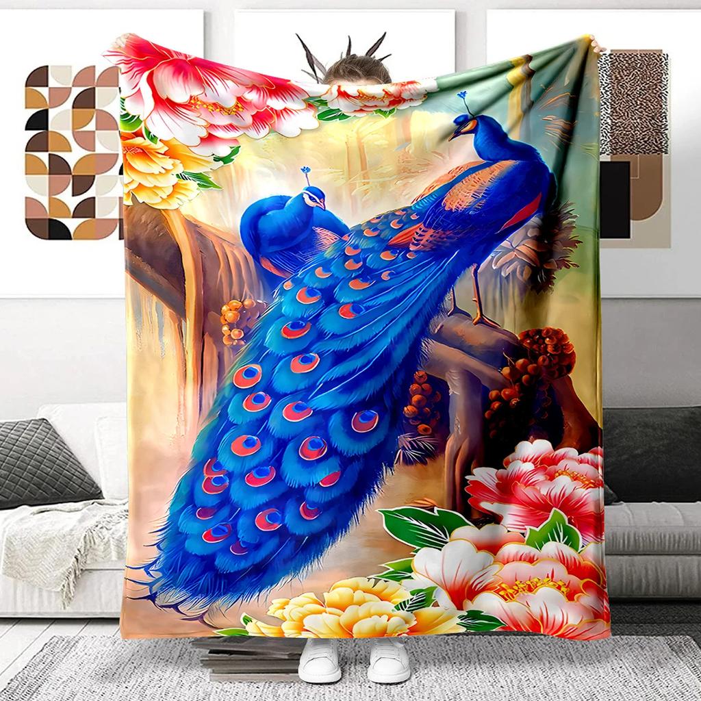 Colorful Peacock Picture Digitalprinted Polyester Bedroom Velvet Flannel Cover Blanket Fleece Soft Sofa Cover Blankets for Beds