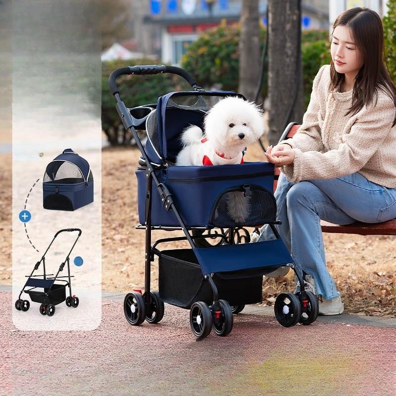 Metal Pet Stroller Lightweight Foldable Detachable Travel Cart for Small Medium Dogs Cats Outdoor Walking Stroller