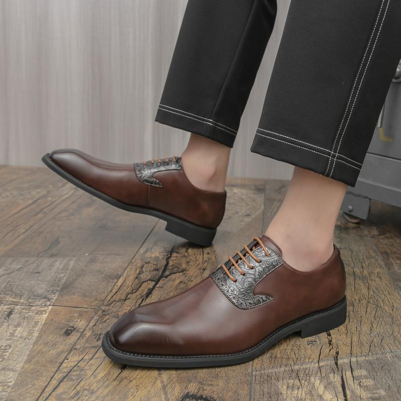 Brand Breathable Banquet Party Block Leather Shoes British Men Lace Up Comfortable Pointed Business Formal Leather Shoes