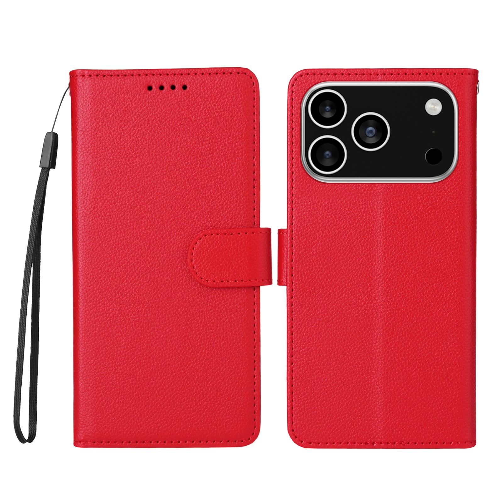 

For iPhone 17 Pro Case RFID Blocking 3 Card Slots PU Leather Phone Cover with Wrist Strap Red