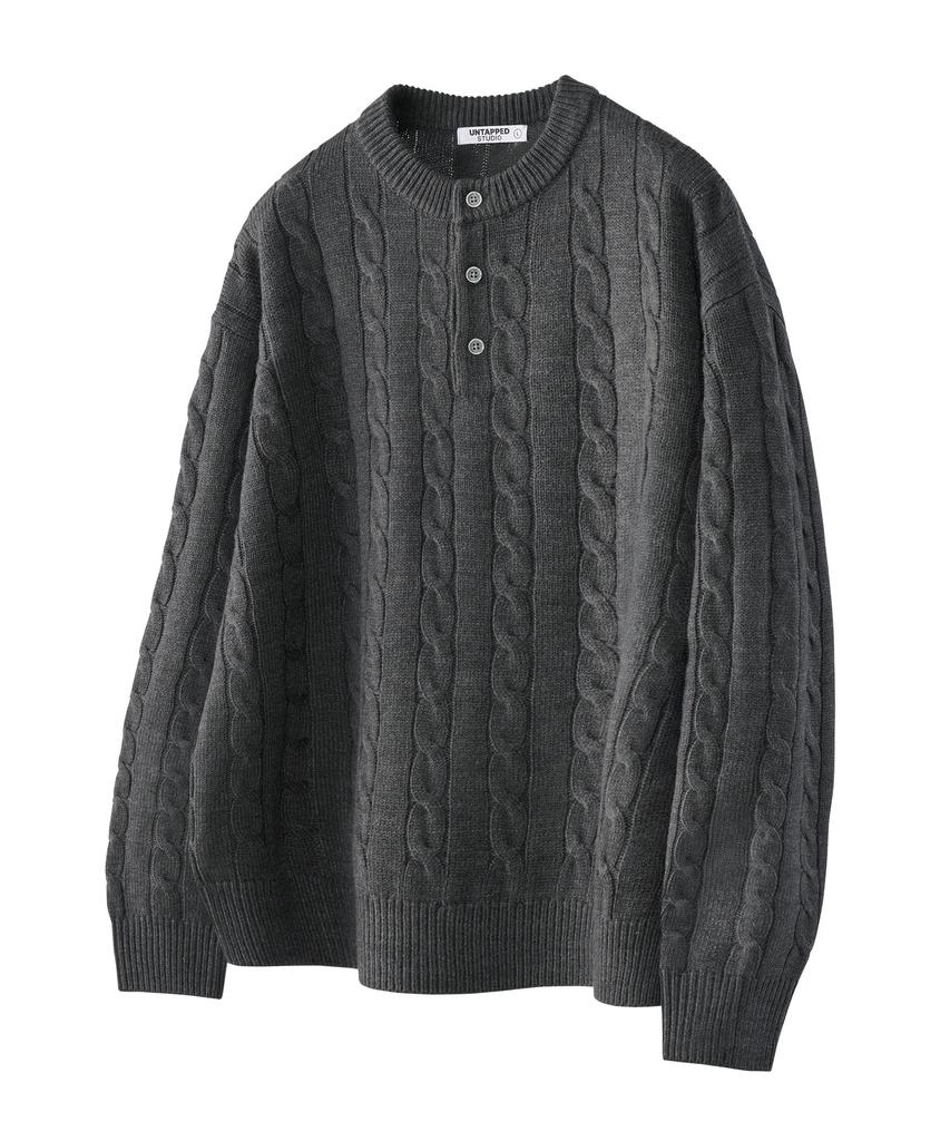 UNTAPPED STUDIO Oversized Cable Henley Neck Round Knit 4 Colors