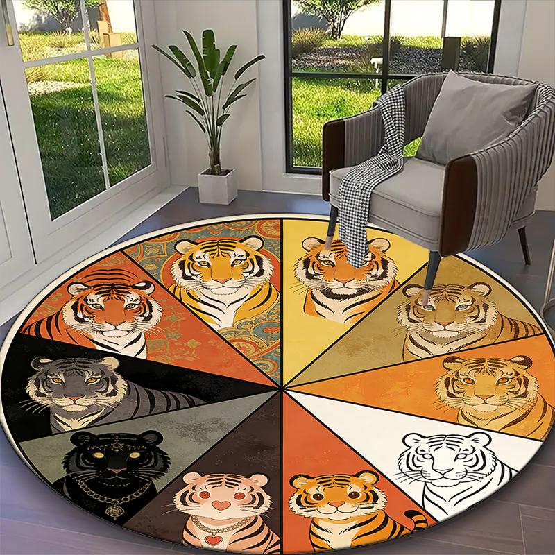 1pc Fierce Majestic Tiger Rug, Digital Printed Home Chair Sofa Mat, Durable Office Round Carpet, Beautiful Festival Decorations