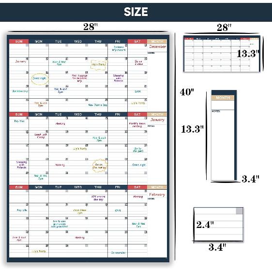 Dry Erase Calendar for Wall - Undated 3 Month Wall Calendar, 28" x 40"(Vertical), Large Wall Calendar Dry Erase for Office, Home, School