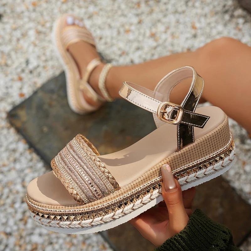 Fashion Women's Shoes Platform Wedgs Sandals Women Summer Woven Rivets Thick Bottom Sandles Woman Fashion Crystal Ankle Buckle Sandalias