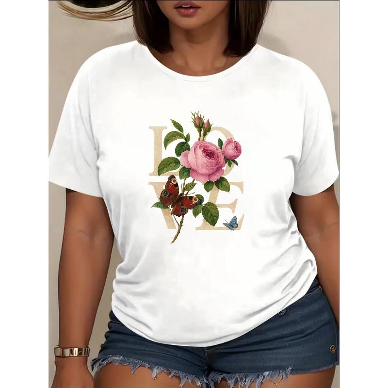 

Женская футболка с принтом «Цветы и ЛЮБОВЬ» с бабочками, европейский размер | Мягкая и дышащая, умеренная эластичность S белый