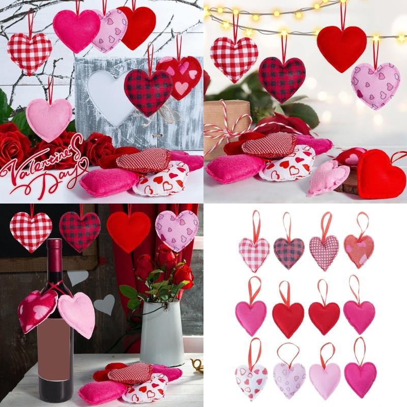Pack of 12 Plaids Check Fabric Heart Shape Hanging Ornaments Pendants for Valentines Day Wedding Decors Party Supplies