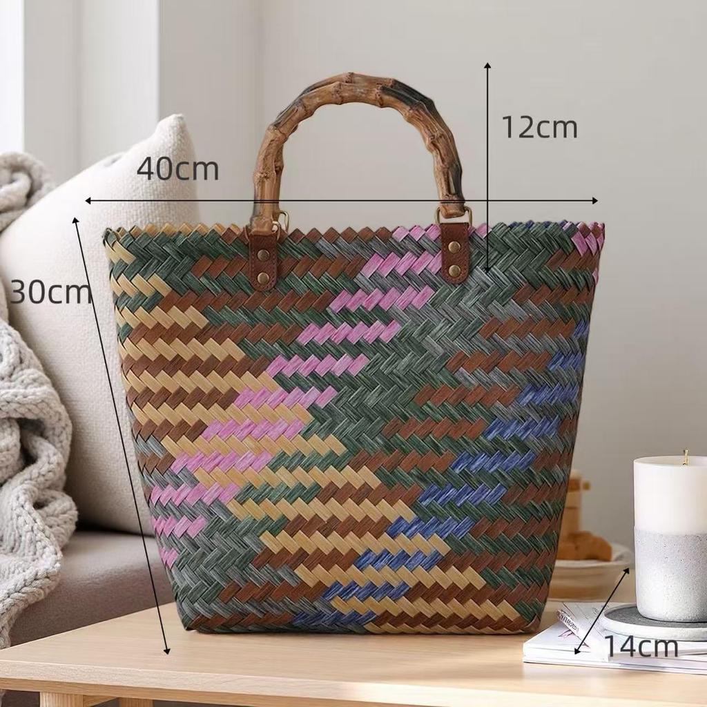 Borsa intrecciata a mano in rattan imitazione con manici in bambù - Cesto per la spesa, Souvenir, Borsa di paglia, o Tote per pendolari