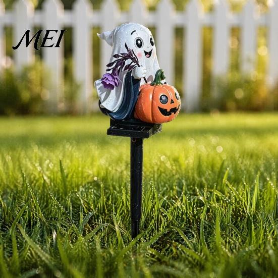 Automatic Dusk To Dawn Lights Solar Ghost Pumpkin Stake Light, LED Auto Light Sensor Outdoor Garden Lamp, Waterproof Halloween Yard Decorations