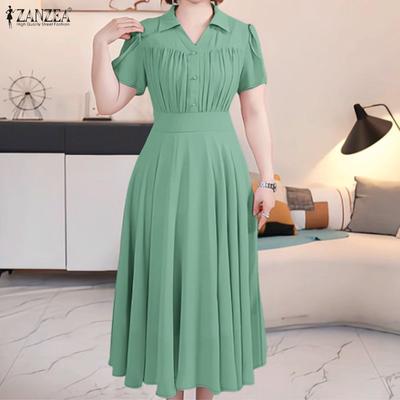 Women Casual Turn Down Collar Summer Short Sleeve Dress
