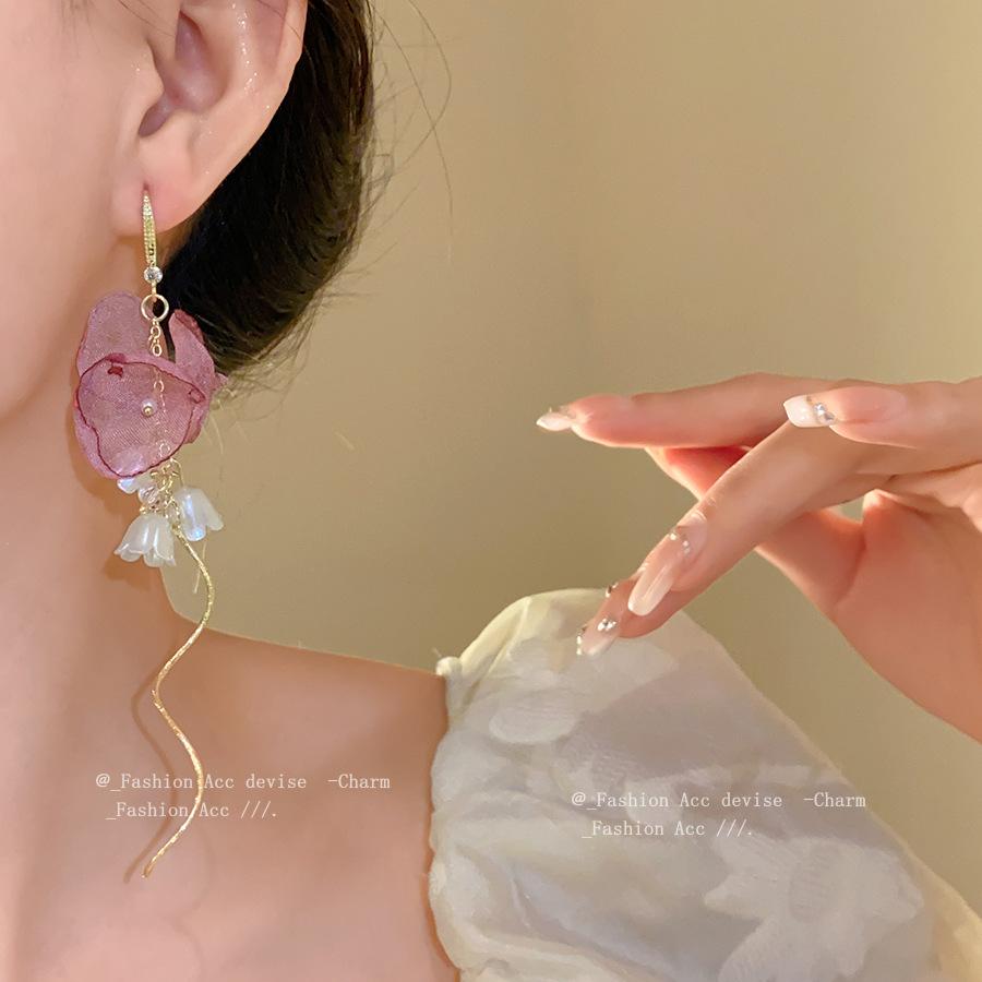 Zircon pearl chiffon bud fringed ear hook spring and summer sweet temperament earrings niche high-end versatile earrings women