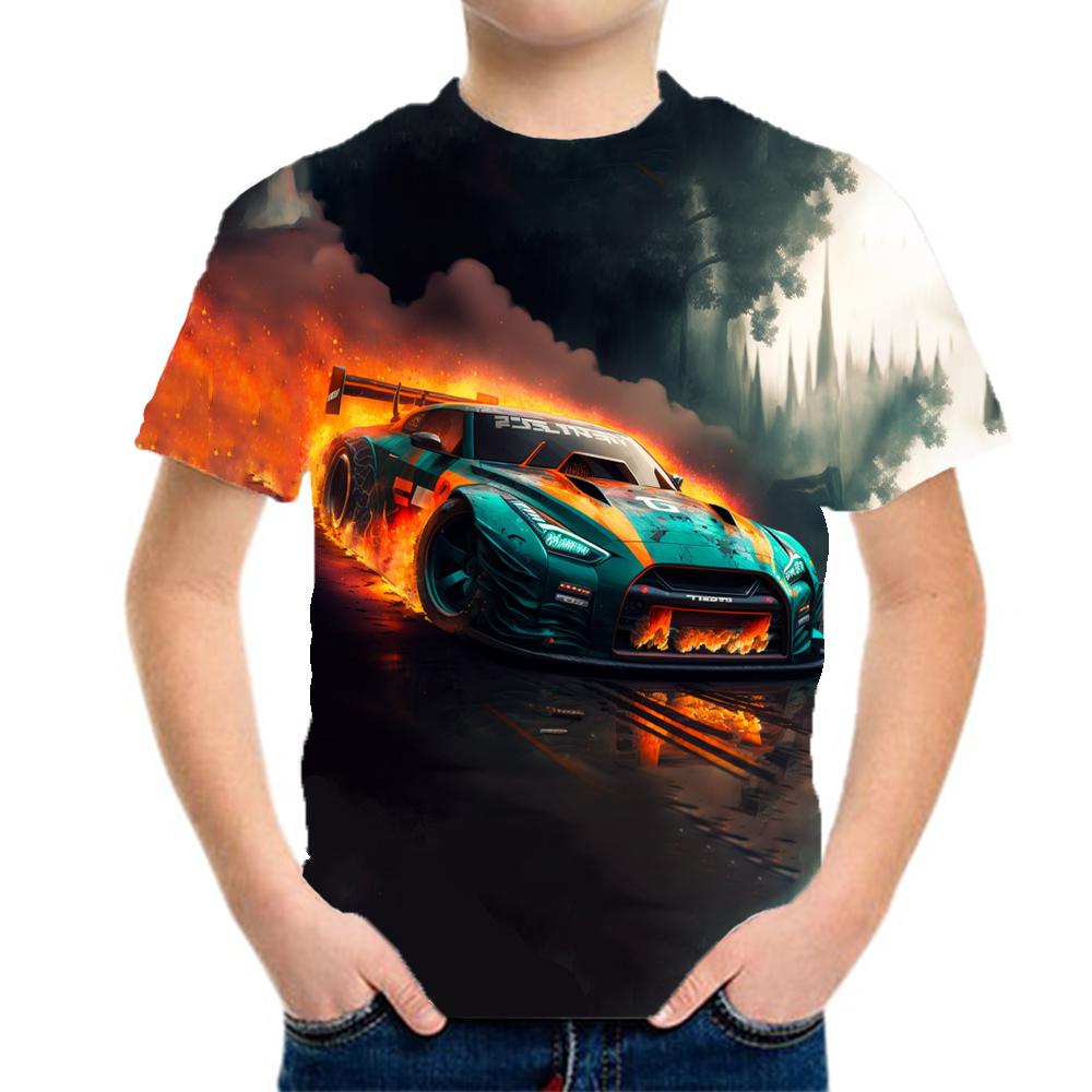 Boys' clothing, racing patterns, children's T-shirts, short sleeved children's clothing, 3D fashion clothing, boys' and children's summer clothing
