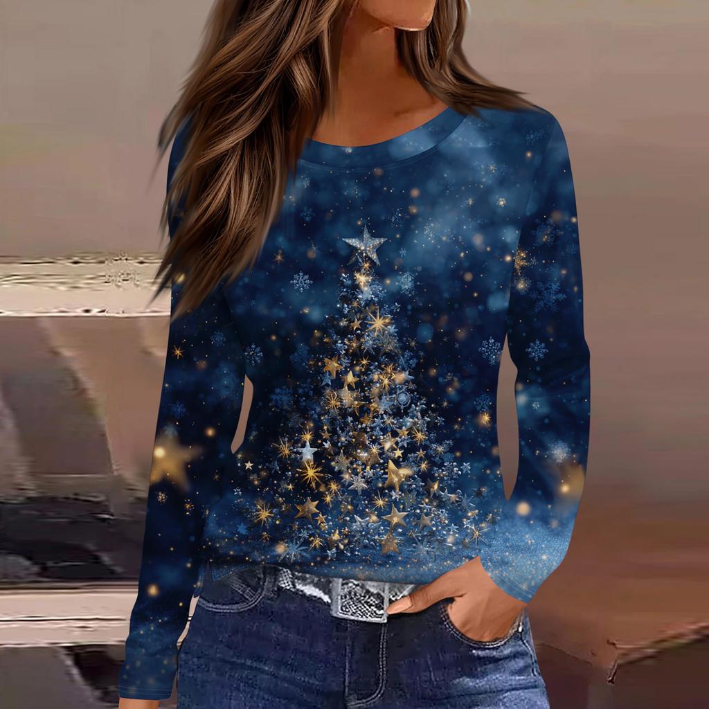 Women's Fashion Casual Slit Hem Round Neck Long Sleeve Loose Christmas Printed T-Shirt Ladies Top