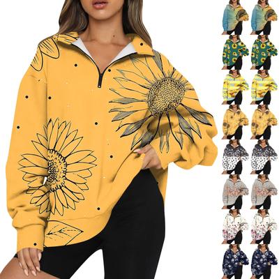 Women's Fashion Casual Long Sleeve Printed Zipper Turtleneck Drop Shoulder Sweatshirt Top