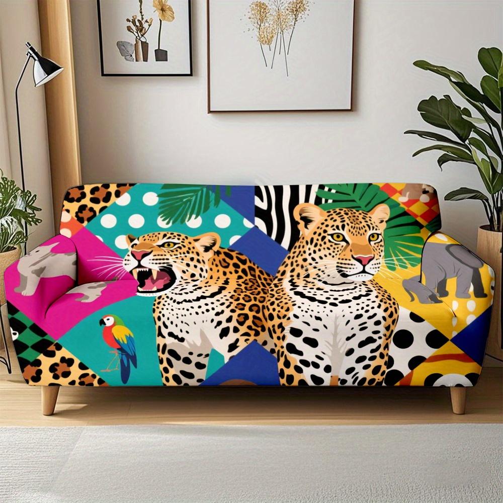 1pc Tropical Leopard Print with Elephant Parrot Patchwork Stretch Sofa Cover, Removable Washable Couch Slipcover 1pc Single set(90-140cm)