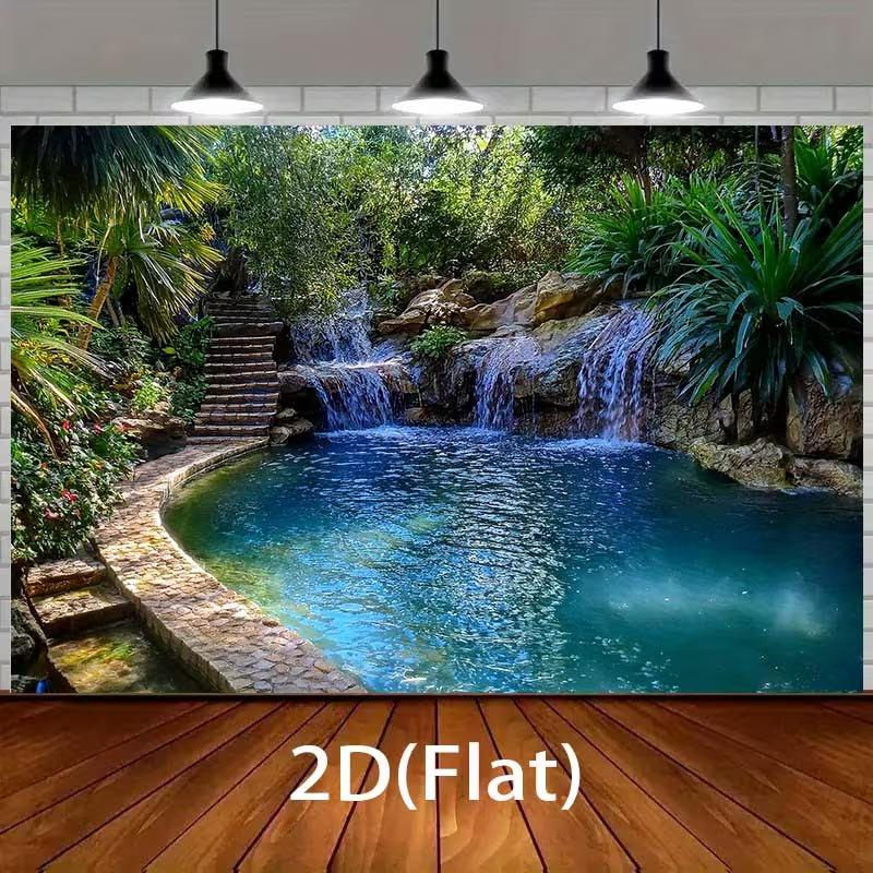 2D Grüne Tropische Wasserfall-Kulisse, 2D Poolgarten-Landschaftsdekoration