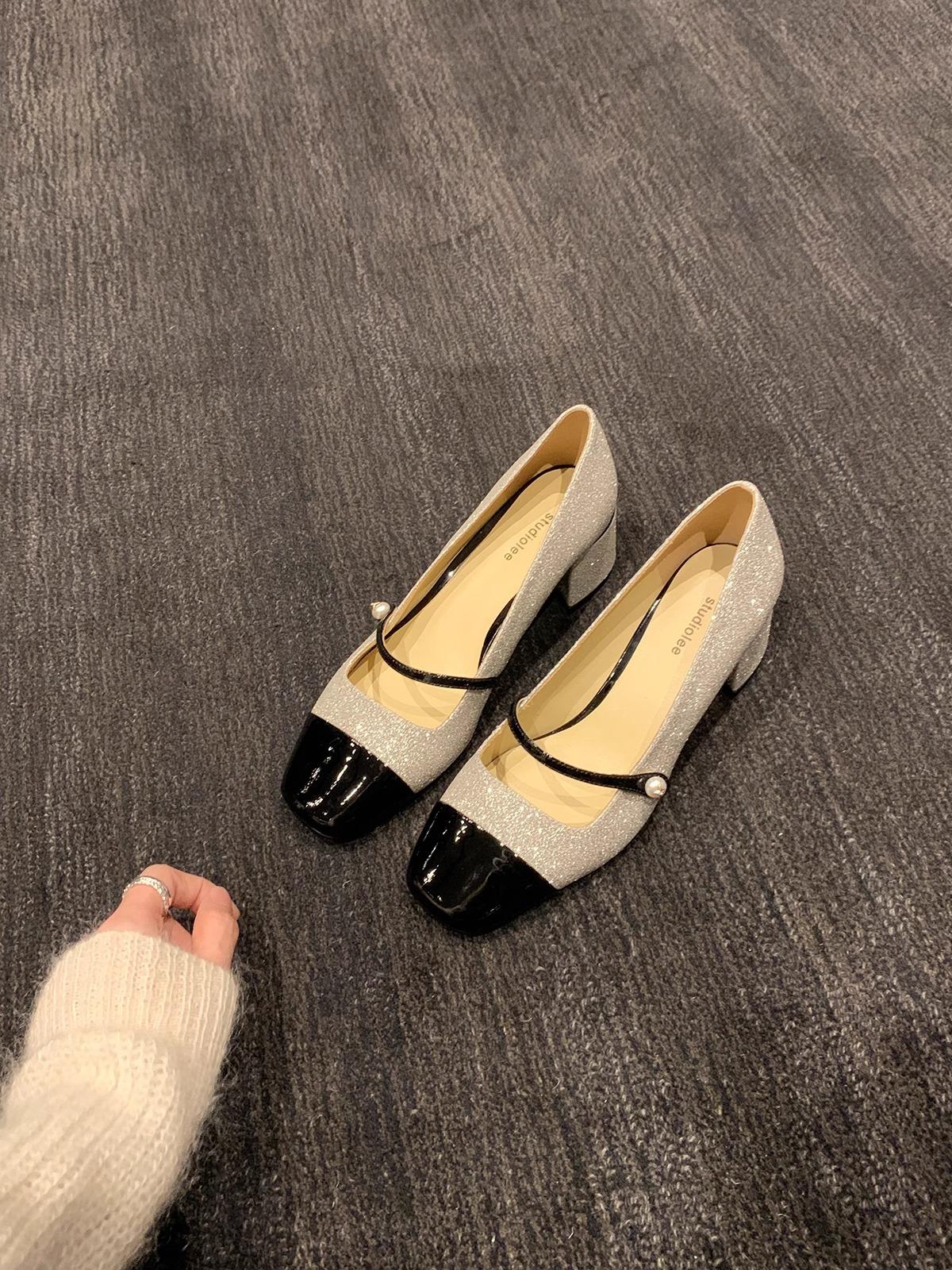 

Sheepskin leather single shoes sequined square head with thick heel Mary Jane women s shoes 40