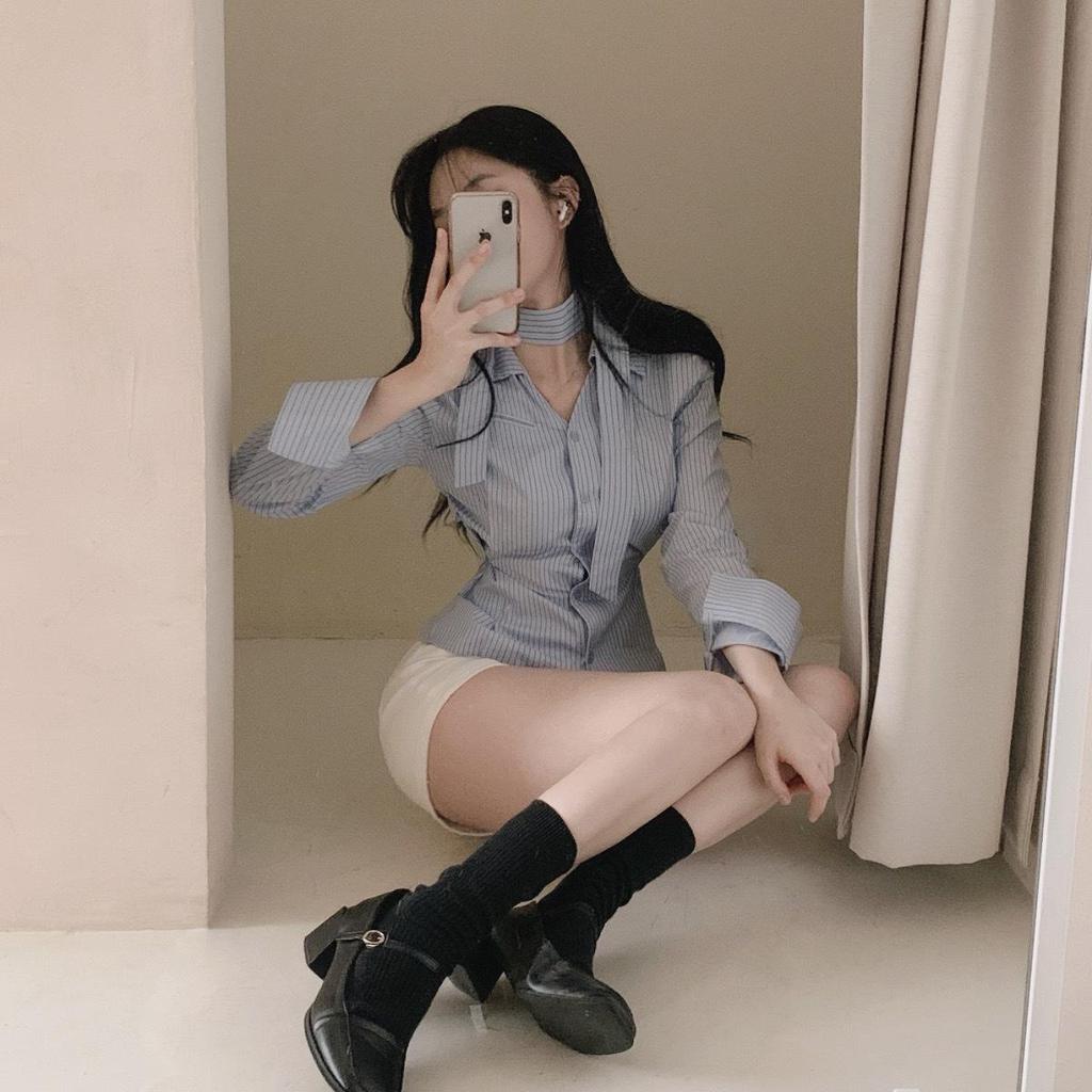 2026 Spring/Autumn Korean Chic V-Neck Ribbon Waist-Cinching Versatile Striped Women's Top