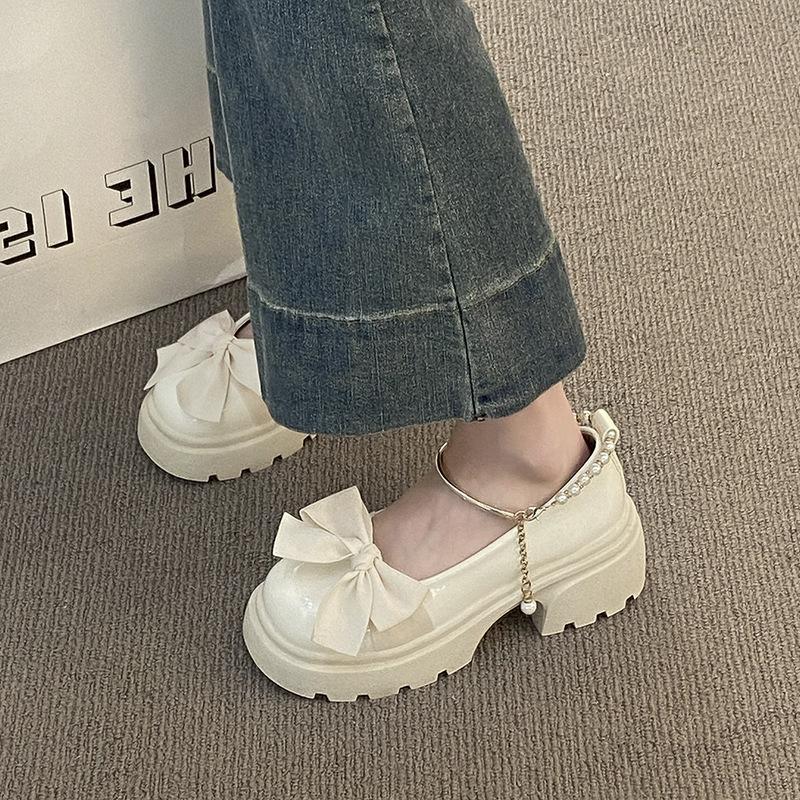 High-heeled Mary Jane small leather shoes girl 2025 autumn new fairy style bow thick-soled thick-heeled pearl with skirt