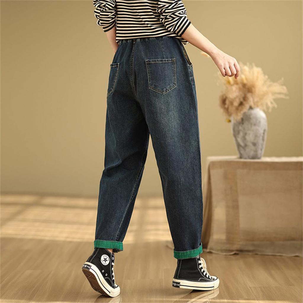 Mouhoukyo Denim Embroidered Elastic High Loose Slimming Size Women's Pants, Jeans, Denim, Waist, Waist, Casual, Fit, (Color shown, L)