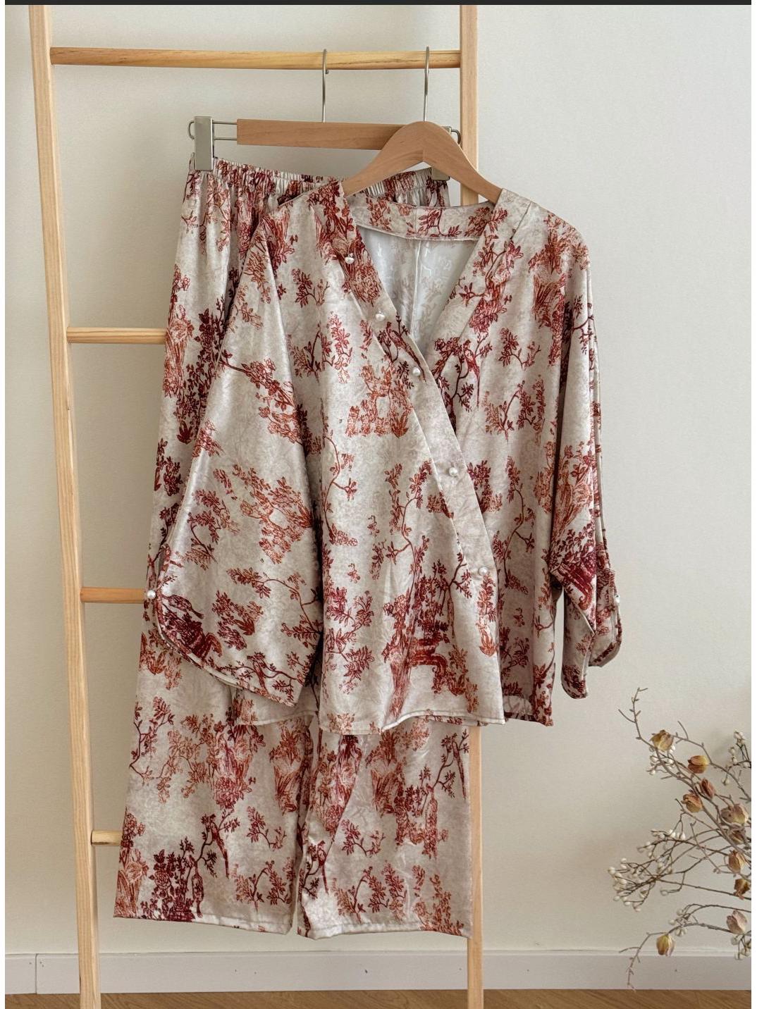

Women s Ice Silk Pajama Set: Spring/Summer, New Chinese Style, Long Sleeve, Retro Luxury Home & Outerwear, Plus Size Available. Medium розовый