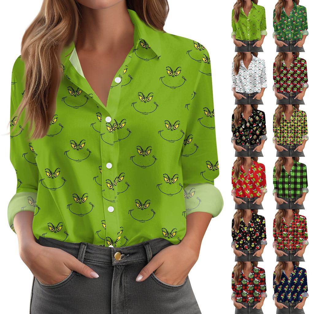 Women's Shirt Blouse Christmas Print Button Long Sleeve Casual Basic Shirt Collar Regular Top