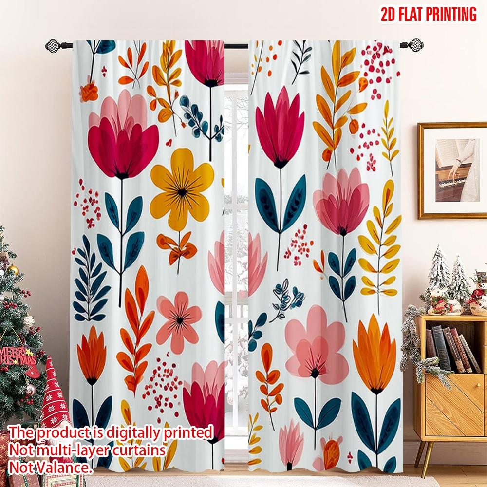 

2pcs 2D flat printing Merry Christmas Curtains Pink_ green and yellow flowers Digital Printed Polyester Drapes Durable Festive 100*130 HOOK 1pcs