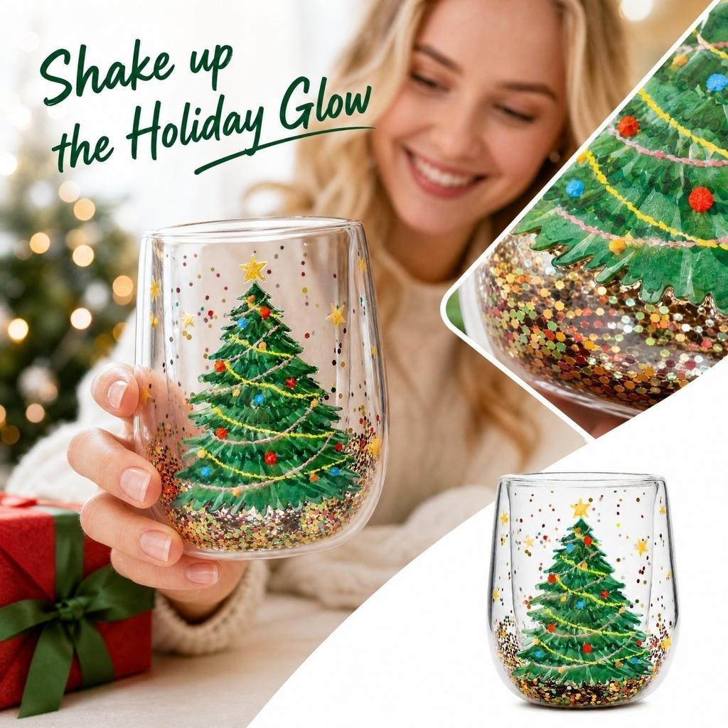 Christmas Tree Double Wall Glass Cup with Flowing Glitter for Hot and Cold Drinks