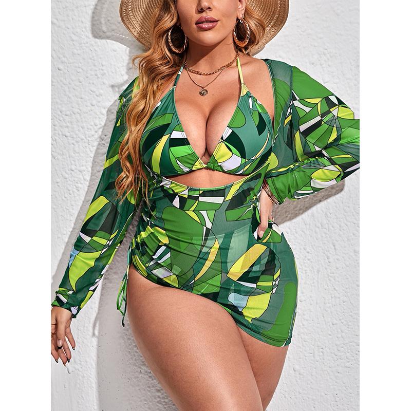 

Купальник больших размеров, женский сплит из трех частей, рубашка с длинными рукавами, сетчатые красные комплекты бикини на шнуровке 4XL яблочный зеленый