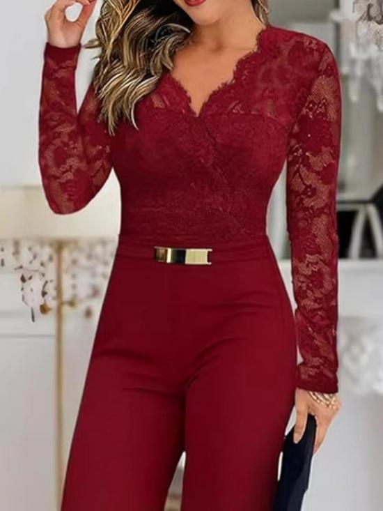 Women's Lace Patchwork Long Sleeve Jumpsuit with Belt and Wide-Leg Pants