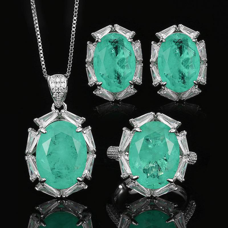 

Luxury Oval Cut Paraiba Tourmaline Jewelry for Women Elegant CZ Halo Necklace Earrings Adjustable Ring Bridal Party Fine Gift One Size