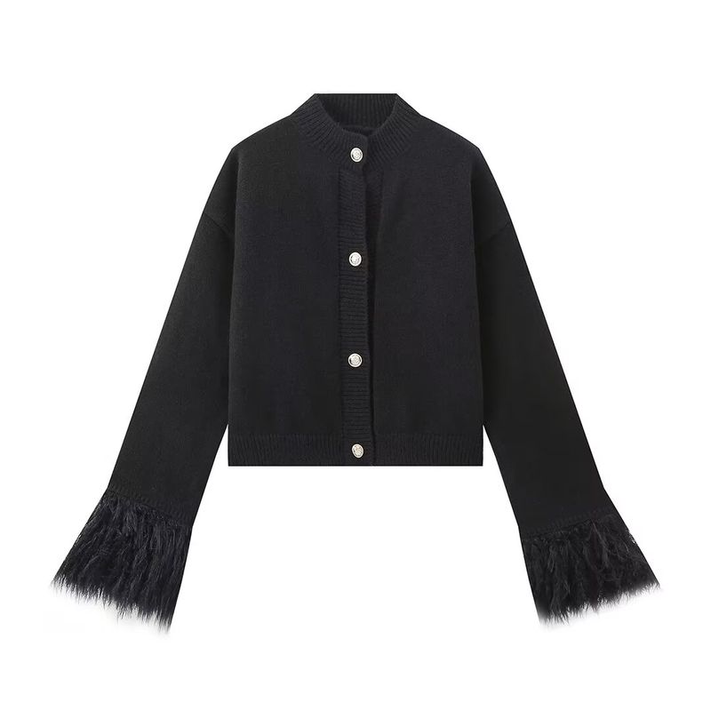 Kaslead New Arrival Women's Clothing Fashion Style Fashion Minimalist round Neck Fur Patchwork Knitted Long Sleeve Cardigan