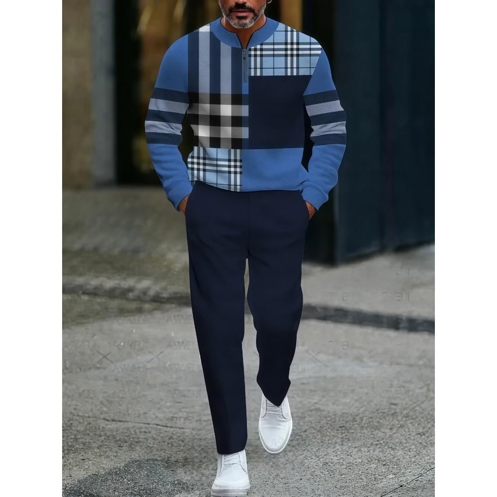 Spring Autumn Fashion Streetwear Men's Long-Sleeved Half-Zipper Stand-Up Collar Casual Sportswear Men's Clothing Two-Piece Set