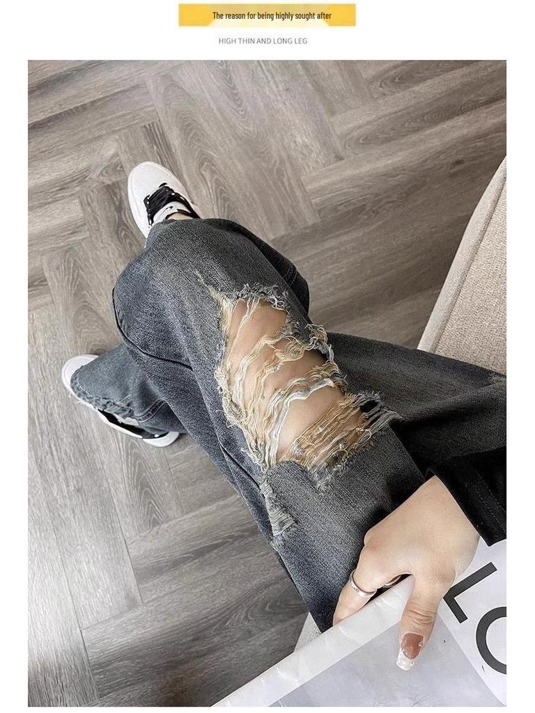 Hong Kong Retro Women's Ripped Slimming Wide-Leg Jeans, Nine-Tenth Length, Summer 2026 Style