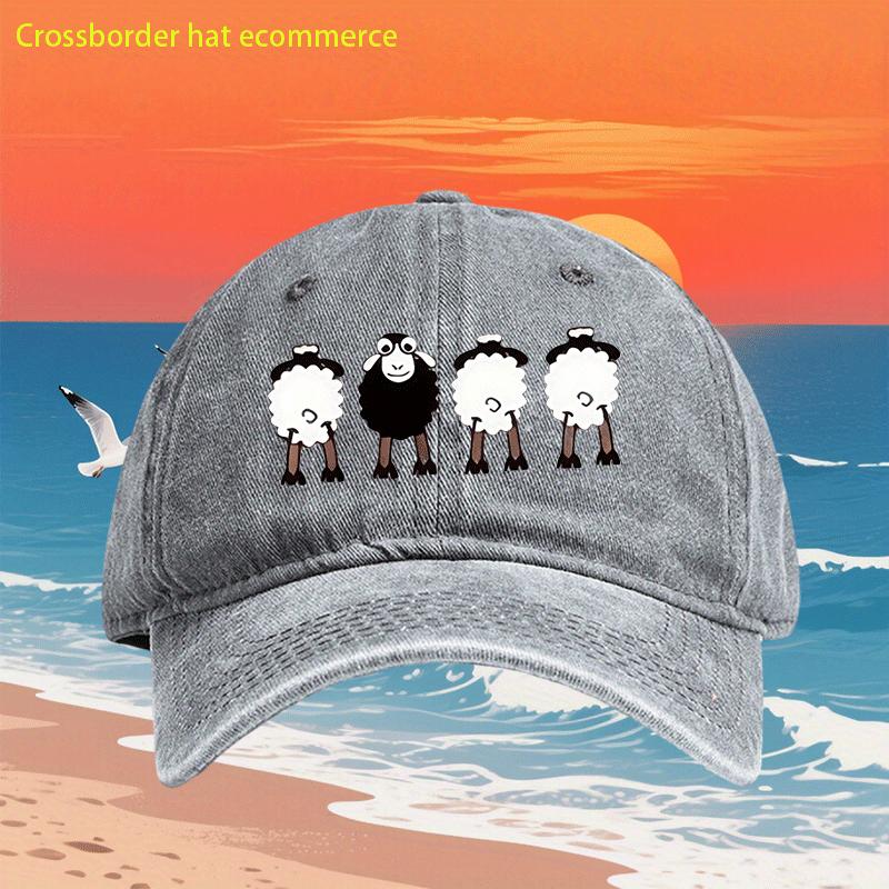 Casquette de Baseball Mouton Dessin Animé Denim Lavé Impression Vintage Extérieur Décontracté Réglable