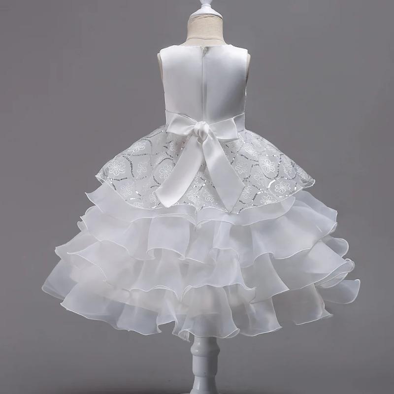 Vestito Principessa da Bambina Elegante con Ricami Floreali Fiocco Senza Maniche Strati di Rete