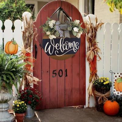 Yousheng Front Door Welcome Sign Farmhouse Rustic Round Wooden Bowknot Letter Welcome Wreath All Seasons Indoor Outdoor Porch Door Hanger Wall Hanging
