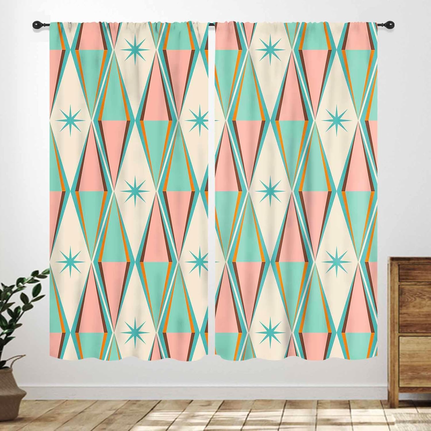 

Mid Century Modern Curtains,Blue Orange Abstract Atomic Geometric Pattern Retro 1950S 1960S Style Window Treatments For Bedroom 53x116CM-2PC