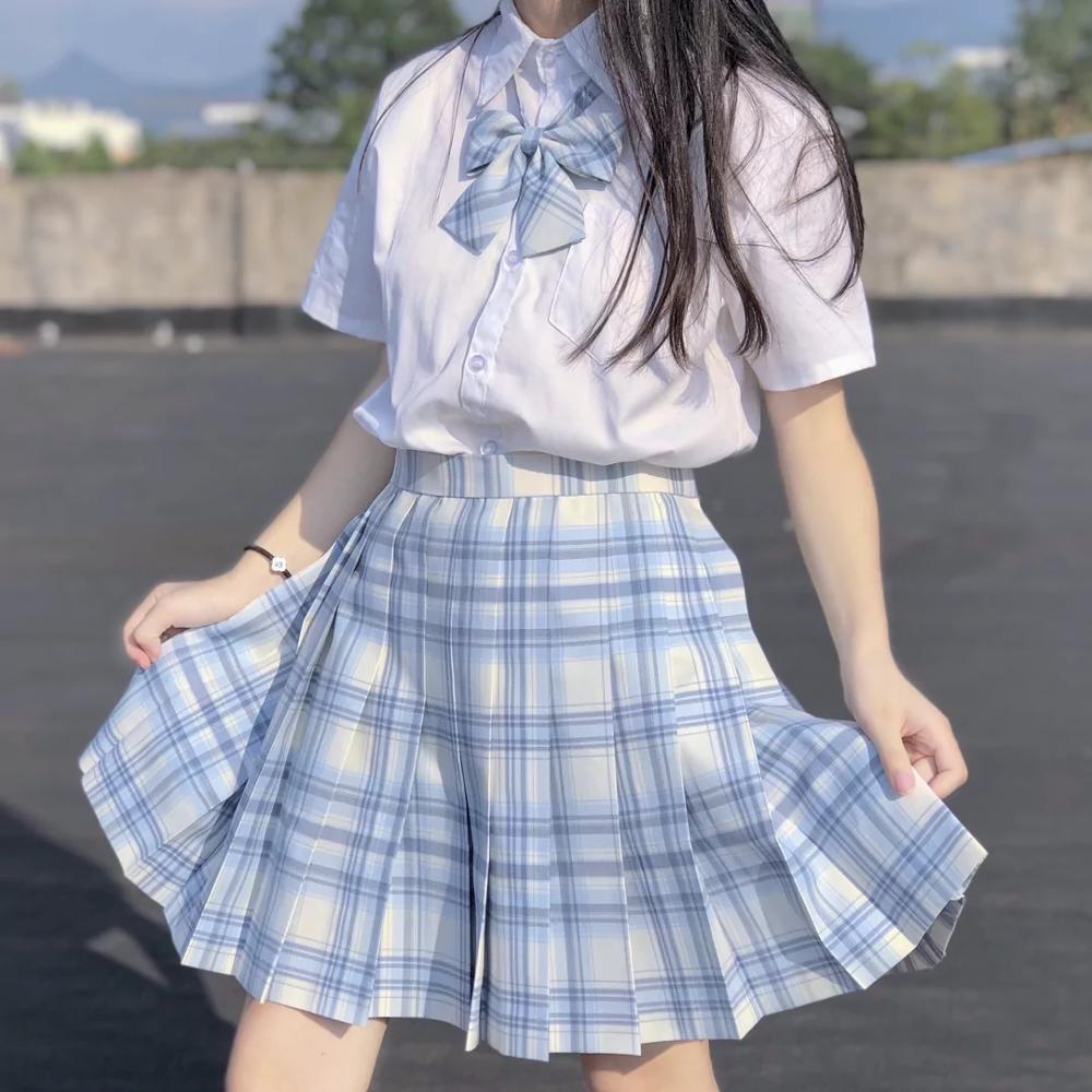 Buy Japanese School Girls High Waist Pleated Skirts Blue Plaid