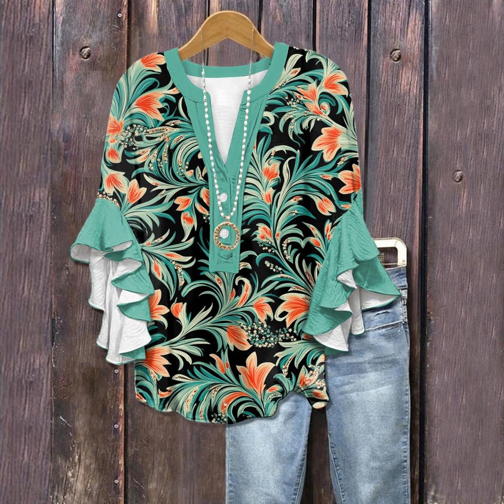 Summer Tops For Women Cute V Neck 3/4 Sleeve Blouses Floral Print Top Casual Shirts