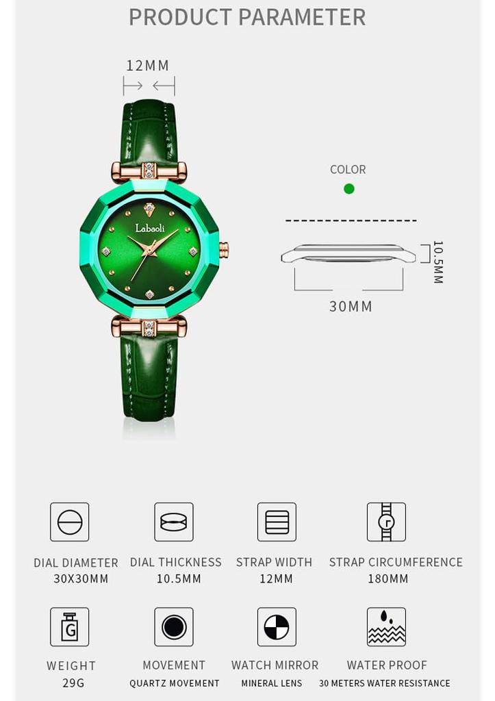 Stylish and Cute Crystal Watch for Women with a Leather and a Lovely Gift for Strap. Waterproof, Brand-name, Business-friendly, Her. Green.
