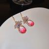 Pink butterfly water droplet pendant ear hook, sparkling artificial zircon sweet style earrings, small clothing matching