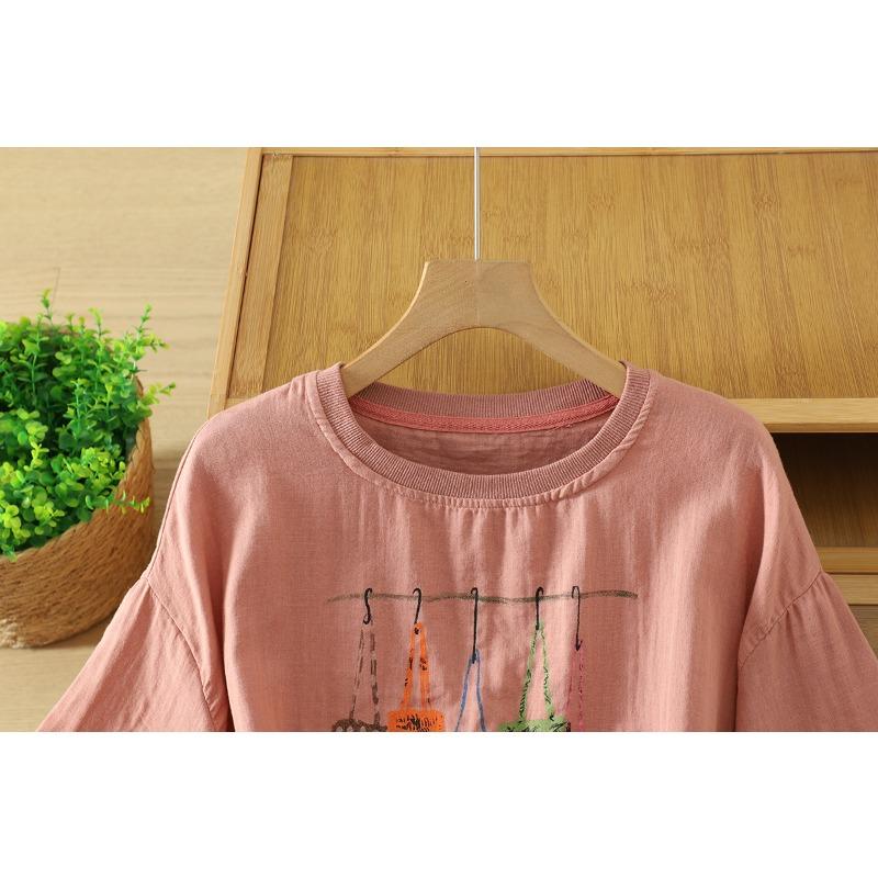 DIMANAF 2026 Plus Size Summer Women Blouse Shirts Tunic Oversize Loose Casual Cotton Linen Print Lady Tops