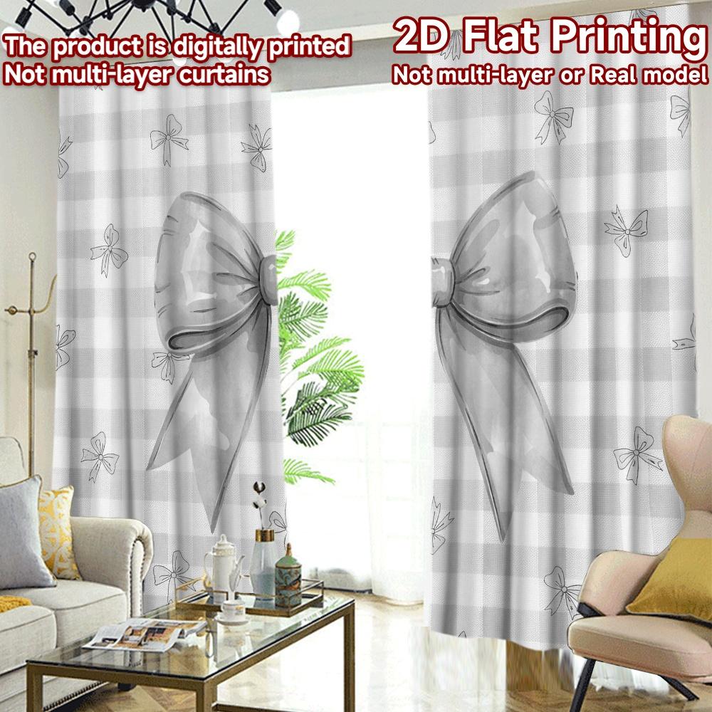 2D FLAT PRINTING 2pcs Curtains (Without Rod) Gingham Bows Design Modern Curtains&Window Treatment Versatile Fabric Curtains Gift