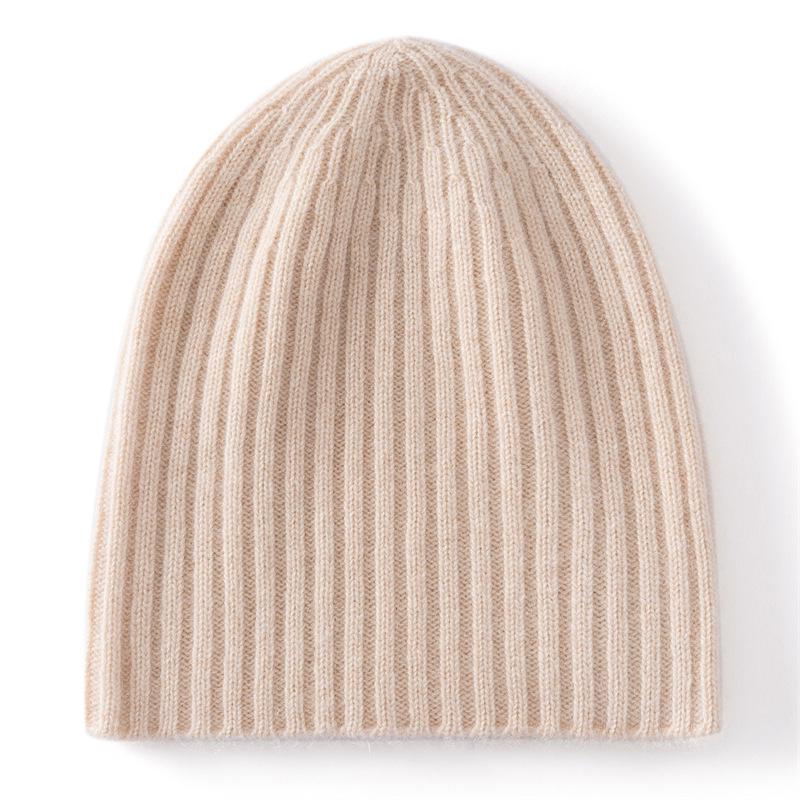 Women's 100% Cashmere Ribbed Knit Hat with Ear Protection - Warm & Stylish Solid Color Design