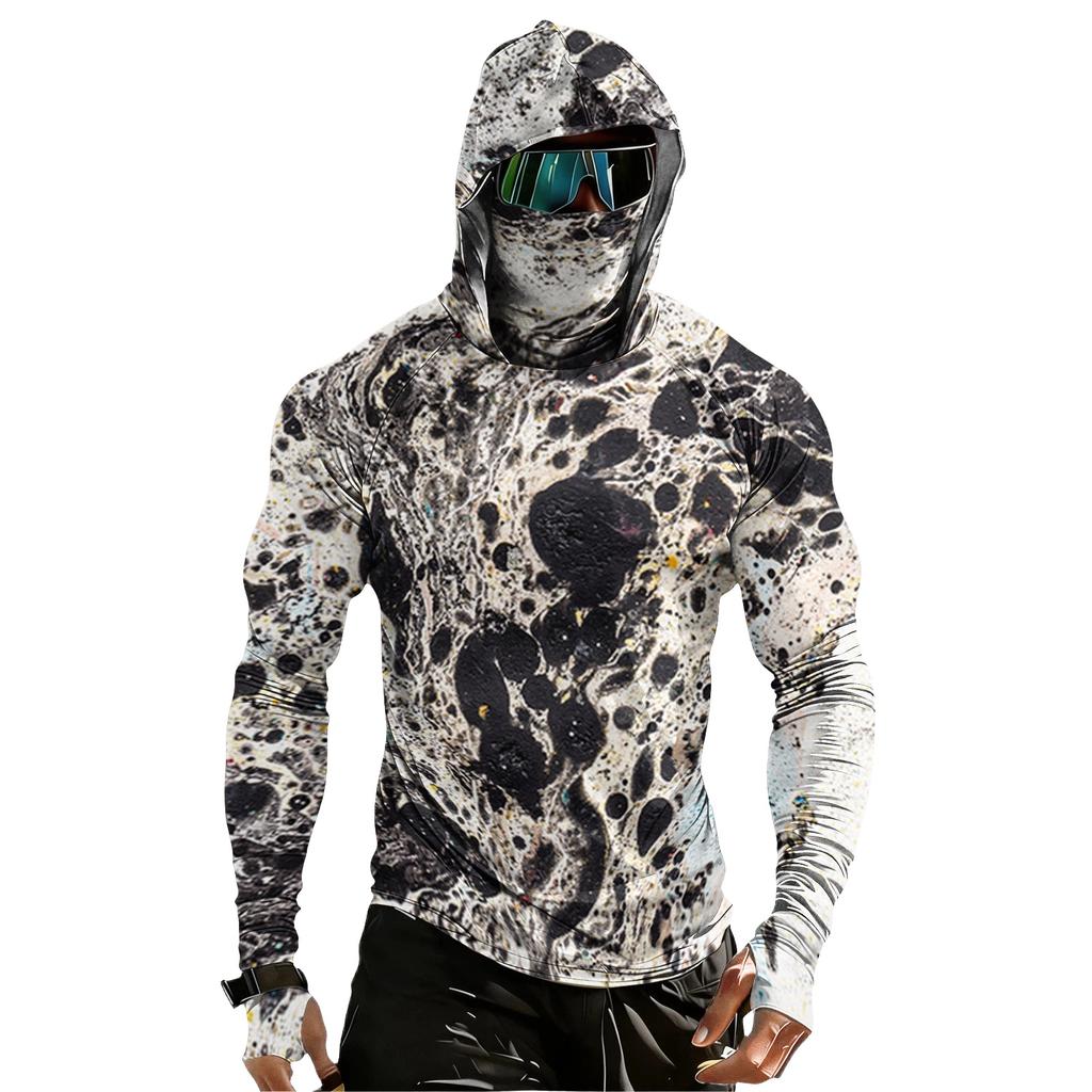 Camicia da Uomo Casual a Manica Raglan con Cappuccio a Manica Lunga Protezione Solare UPF 100 Plus Tessuto Leggero Traspirante Asciugatura Rapida con Stampa Testurizzata