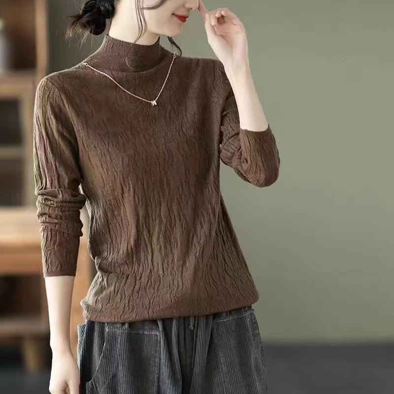 

Модный весенне-осенний тонкий универсальный вязаный свитер с полувысоким воротником, топ, базовая футболка для женщин One size кофейный