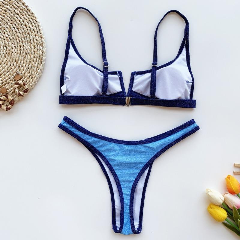 Women Solid Color Strappy V Neck Backless Two Piece Bikini Swimwear