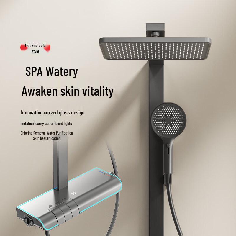 Multi-Function Pressurized Shower System with Chlorine Filter and Storage Shelf