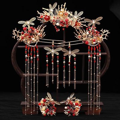 Original Xiuhe Dress Chinese Bridal Phoenix Crown with Red Tassel Headdress